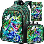 3PCS Dinosaur Backpack for Boys, 16" Kids Bookbag and Lunch Box, Water Resistant Camouflage Preschool Backpacks for Elementary Students