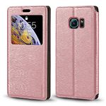 Samsung Galaxy S6 Edge Case, Luxury Wood Grain Leather Case with Card Slot Notification Window Protective Magnetic Flip Cover for Samsung Galaxy S6 Edge (Rose Gold)