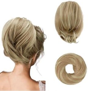 BARSDAR Straight Hair Bun Extensions, Short Ponytail Blonde Hair Bun Extensions for Women, Synthetic Messy Bun Hairpieces Elastic Easy Hair Bun Scrunchies - Sandy Blonde with Highlights