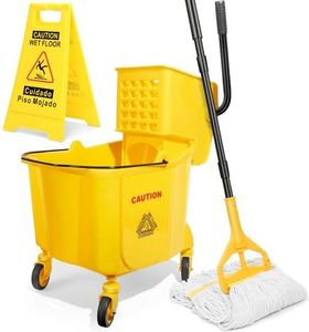 38 Qt Commercial Mop Bucket with Side Press Wringer on Wheels and Mops Set for Floor Cleaning,Including 1 Industrial Mop and Wet Floor Caution Sign,Yellow,Beyoco