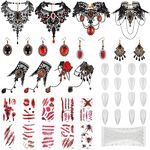 Inbagi 30 Pcs Halloween Gothic Vampire Costume Accessories Set 4 Lace Choker Necklace Bracelet Earrings 8 Pair Vampire Teeth Fangs and 10 Tattoo Scar for Women Girls Jewelry Dress up Cosplay Party