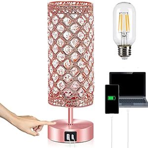 Brabola Crystal Table Lamp, Rose Gold Desk Lamp Pink Bedroom Decor Touch Control Bedside Nightstand Girly Bling Lamps with 2 USB Ports Bulb Included for Home, Office, Living Room