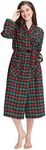 SIORO Womens Flannel Robes Long, 100% Cotton Plaid Bath Robe for Women Soft Flannel Sleepwear for Bath Shower Lounging, Christmas Red and Green Plaid, Small