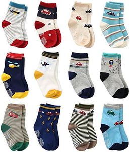 12 Pairs Toddler Boy Non Skid Socks Cute Cotton with Grips Baby Boys Anti-skid Socks (12-36 Months 12 Pairs Plane & Car)