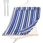 SUNCREAT 2 Person Hammock with Hardwood Spreader Bar, Outdoor Rope Hammock with Polyester Pad, 475 lbs Capacity, Blue Stripes