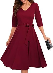 Bbonlinedress Vestido de Fiesta Cóctel Vintage para Muejeres Bada Graduación Dama de Honor Midi Mangas 3/4 Cuello V con Cinturón Burgundy M