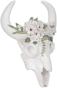Sagebrook Home Floral Longhorn Skull Wall Sculpture - Handcrafted Resin Western Boho Decor - Cow Skull with Flowers for Living Room, Bedroom, or Office - Wall Hanging Decoration - 13" White