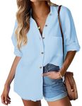 Hotouch Button Up Shirt Women Long Sleeve V Neck Collared Button Down Shirt Tops with Pockets Blue XL