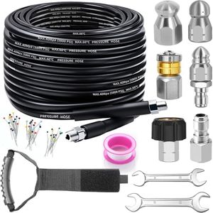 Sewer Jetter Kit for Pressure Washer, 100FT Drain Cleaner Hose 5800PSI with 1/4 Inch NPT Corner, Rotating Nozzle and 4 Different Button Nose Sewer Jet Nozzles, Waterproof Tape and 2 Spanners (Black)