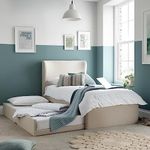 happybeds Kids Fabric Guest Bed, Una Grey or Warm Stone Children's Upholstered Single Bed with Under Bed Trundle - 3ft UK Single (90 x 190cm) (Warm Stone)