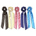 SILVR BEAR Luxury Satin - Set of 5 Same Colours As Pic, Printed Ribbon Scarf Scrunchies, Anti-Hair-Breakage Hair Accessories for Girls, Hair Ties, Best gift for Sister, Friend, Mom (Polka Dots)