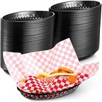 150 Packs Fast Food Baskets Plastic Oval Fry Chip Bread Baskets Black Reusable Retro Style Food Service Basket for Food Tray Restaurant Picnic Party Supplies