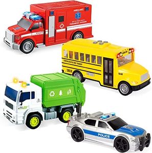 JOYIN 4 Pcs 7" Long Vehicle Toy Set, Toddlers Cars with Lights and Siren Sound, Including Play Police Car, School Bus, Toy Garbage Truck, Ambulance Toy, Christmas Birthday Gifts Toys for Boys 3-5