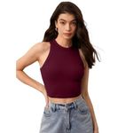 GLARE & BLAIR Solid Slim Fit Round Neck Sleeveless Ribbed Crop Tank Top For Women (Medium, Maroon)