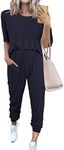 PRETTYGARDEN Women's Two Piece Outfit Short Sleeve Pullover with Drawstring Long Pants Tracksuit Jogger Set (Navy,XX-Large)