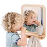 Montessori Wooden and Acrylic Wall Mirror with Hooks for Toddlers - Entryway Mirror with Hooks and Shelf Organizer Self-Care Station