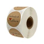 Haobase 500 Pcs Roll Kraft Paper Stickers Round Natural Kraft Handmade with Love Stickers for Baking Gift Bags Wedding Thanksgiving