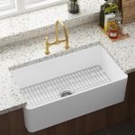 Homfan White Farmhouse Sink 33 inch Fireclay Apron Front Single Bowl Kitchen Sink Deep Drop In Farm Sink Undermount with Custom Bottom Grid & Strainer Drain