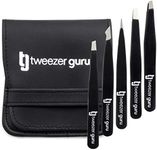 Tweezers Set 5-piece - Tweezer Guru Stainless Steel Slant Tip and Pointed Eyebrow Tweezer Set - Great Precision for Facial Hair, Ingrown Hair, Splinter and Blackhead Remover (Black) (5-Pack)