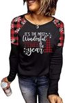 Women's Christmas Holiday T Shirts Leopard Stripe Splicing Sleeve Shirt Xmas Funny Graphic Raglan Baseball Tops, Plaid-3, Large