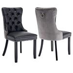 Dining Chairs Set of 2, Upholstered Dining Room Chairs with Back Ring Pull Trim and Solid Wood Legs, Modern Tufted Kitchen Chairs Perfect for Dining Room, Black Pu Leather Splicing Grey Velvet