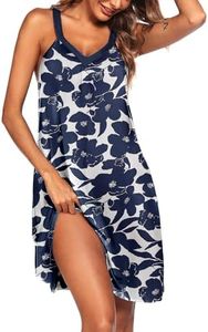 Ekouaer Womens Nightgown Sleeveless Sleepwear V Neck Racerback Sleep Dress, Navy Flower, Large