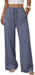 Duyang Womens Cotton Linen Palazzo Pants Drawstring Elastic Waist Casual Wide Leg Trousers with Pockets(Blue,S)