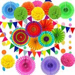 DOJoykey 21 Pcs Party Decoration Set, Hanging Paper Fans, Pom Pom flowers, Paper Bunting Flags and Polka Dot String for Mother‘s Day Birthday, Wedding, Baby Shower, Fiesta Party Decoration