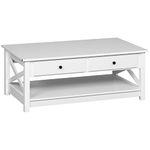 HOMCOM Coffee Table with Storage, Farmhouse Living Room Table with Drawers and Open Shelf, Centre Table with X-Frames, White