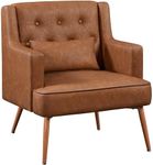 Yaheetech Armchair, Cozy Accent Chair Mid Century Living Room Chair PU Leather Office Chair Lumbar Pillow, Modern Upholstered Tub Chair Retro Reading Chair Wood Leg Bedroom Lounge Study Brown