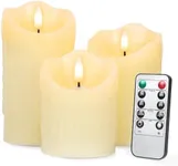 Battery Operated Drip Wax LED Flameless Candles with Remote and Timer, Pillar Real Wax Candles Flickering Wick for Festival Wedding Home Party Decor(Pack of 3)-Classic Ivory