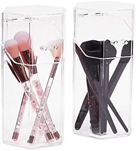 Glamlily 2-Pack Clear Acrylic Makeup Brush Holder with Lids - Covered Hexagon Cosmetic Organizer and Storage for Brushes, Mascara, Eyeliner, Beauty Supplies (4.3x3.9x8 in)