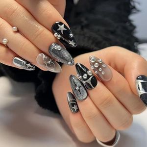 Almond Press on Nails 24 PCS Black False Nails Glossy Medium Length Fake Nails Full Cover Artificial Nails Tips with Art Design for Women and Girls Daily Decoration