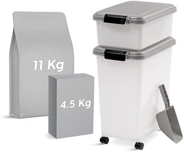 IRIS USA Dog Food Storage Container, 13.6 Kg & 5 Kg Combo, Cat Food Storage Container, Dog Treat Container, Airtight, Stackable, 2-Cup/ 450 g Scoop, Wheels, Easy Mobility, Chrome