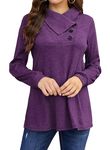 Bluetime Women's Fall Long Sleeve Cowl Neck Button Tunic Tops Lightweight Sweatshirts, Purple, XXL