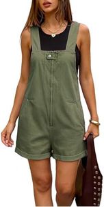 POLIRO Denim Overall Shorts For Women 2026 Front Zip Closure Cuffed Hem Jean Romper Shortalls With 4 Pockets Overol Para Mujer Jumpsuit Army Green Plus Size 16 18 X-Large