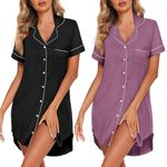 Ekouaer Nightgowns for Women 2 Pack Button Down Sleepwear Short Sleeve Sleepshirts Soft Nightshirts Boyfriend Pajama Dress,Black/Purple Red,L