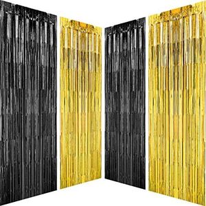 Black Gold Party Tinsel Foil Fringe Curtains - Wild One 1st Birthday Baby Shower New Years Graduation 1920s Party Decor Photo Booth Props Backdrops Decorations