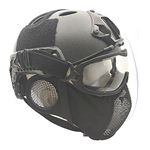 PJ Type Tactical Airsoft Fast Helmet and Foldable Half Face Mesh Mask with Ear Protection Adjustable Chin Strap Full Face Protection for Older Teenager Adult (Black)