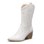 DREAM PAIRS Women's Western Boots Cowboy Cowgirl Pull-on Mid Calf Boots SDMB2207W,WHITE Size 8/6 UK