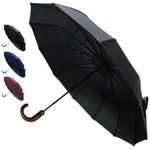 COLLAR AND CUFFS LONDON - Rare 12 Rib Compact Umbrella, 4 Extra For Strength - 80kph Strong Reinforced Windproof Frame with Fiberglass - Vented Canopy - Auto Open & Close - Wooden Hook Handle - Black