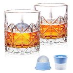 veecom Whiskey Glasses, 300ml Whisky Glass, Crystal Whisky Glasses Set of 2 with Ice Molds, 0ld Fashioned Whiskey Glass Tumblers for Cocktails Gin Rum Cognac, Whisky Glass Gift Set for Men