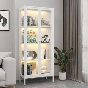 Kubohogar Display Cabinet with Glass Doors, 66" Curio Cabinet with 3 Color Lights, 4 Tier Display Case for Collectibles, Bookcase with Doors for Living Room Office
