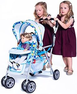 Joovy Toy Caboose Baby Doll Stroller Featuring Reclining Front Seat, Adjustable Footrest, Storage Basket, Extendable Canopy, and Snack Tray - Holds 3 Dolls (Blue Dot)