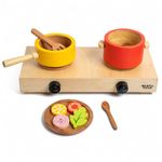 NESTA TOYS Wooden Gas Stove & Cooking Set Toy (10 Pcs) | Pine & Beech Wood | 2-Burner Stove, Frying Pan, Pot, Plate & Cut Vegetables | Non-Toxic | Birthday & Diwali Gift for Ages 3+