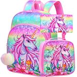 3PCS Girls Backpack, 16" Unicorn Sequin Prechool Elementary Bookbag and Lunch Box