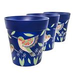 Hum Flowerpots, 22cm Set of 3, Various Patterns Colours and Sizes, Indoor/Outdoor Plastic Plant Pots, Blue Hummingbird