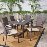 DEVOKO Wicker Patio Dining Set, 7PCS Outdoor Rattan Table & Chairs Set with Cushions, Deck Furniture Dining Table Set, Garden, Porch, Backyard (Dark Brown & Cream)