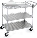 WDT Commercial Grade Heavy Duty Utility Cart 990Lbs Capacity, 3 Tier Wire Rolling Cart with Wheels, Metal Service Carts with Handle Bar,Shelving Liners,Hooks for Kitchen, Restaurant