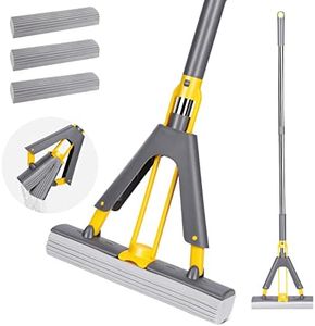 MASTERTOP Mocio Strizzatore di Spugna, Mocio per Pavimenti 130cm con 3 Spugne in PVA Altamente Assorbenti, Mop Spugna per Rimuove Peli e Capelli Animali su Piastrelle, Laminato, Legno Duro, Marmo
